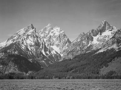 Grassy Valley Tree Covered Mt Side And Snow Covered Peaks Grand "Teton NP" Wyoming 1933-1942 - Wall Art Print, 16x12