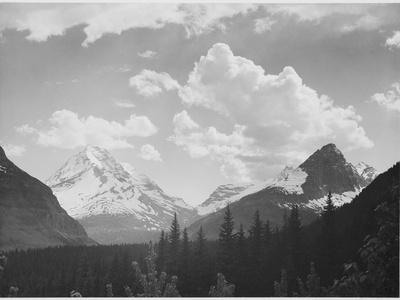 Looking Across Forest To Mountains And Clouds "In Glacier National Park" Montana. 1933-1942 - Wall Art Print, 16x12