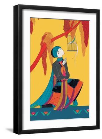 Bird and Kneeling Girl - Black Framed Art Print Wall Art, 12x18