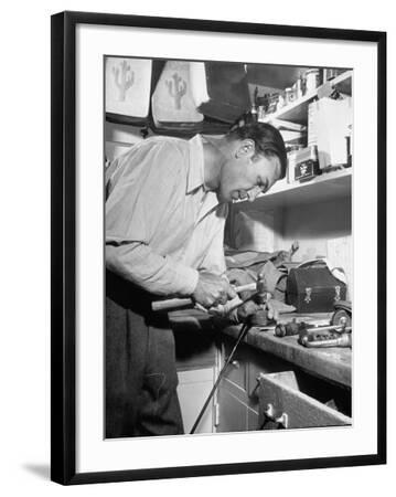 Golfer Ben Hogan Working on Golf Club in Workshop - Black Framed Art Print Wall Art, 18x24