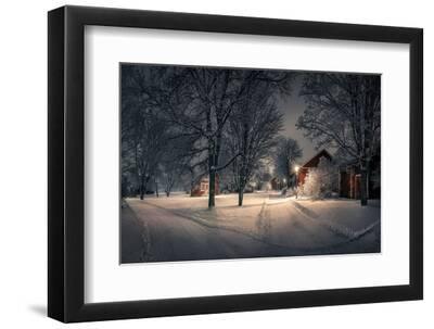 Public park with cozy cafe place and snow covered trees at winter evening in Finland. Cafe place is - Black Framed Art Print Wall Art, 12x8 Public park with cozy cafe place and snow covered trees at winter evening in Finland. Cafe place is - Black Framed Art Print Wall Art, 12x8