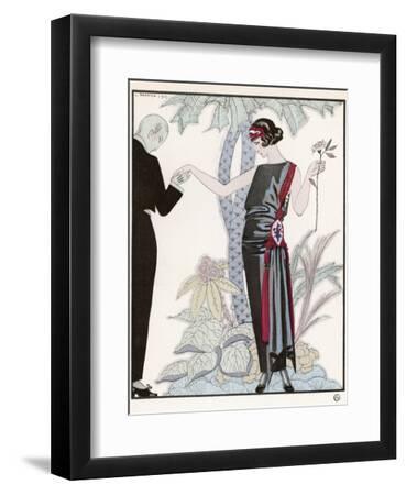 Sleeveless Slash Neck Chinese or Orientally Inspired Black Dress by Worth with Red Tassel Detail - Black Framed Art Print Wall Art, 9x12