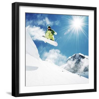 Snowboarder At Jump Inhigh Mountains At Sunny Day - Black Framed Art Print Wall Art, 16x16