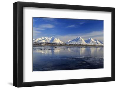 The blue sky and snow capped mountains are reflected in the frozen water Breivikeidet Lyngen Alps - Black Framed Art Print Wall Art, 12x8