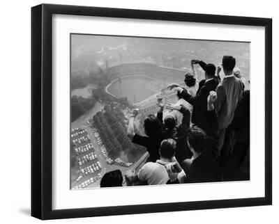 University of Pittsburgh Students Cheering Wildly from Atop Cathedral of Learning, School's Campus - Black Framed Art Print Wall Art, 16x12