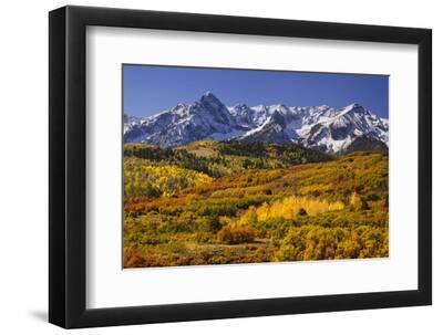 USA, Colorado, San Juan Mountains. Mountain and valley landscape in autumn. - Black Framed Art Print Wall Art, 12x8