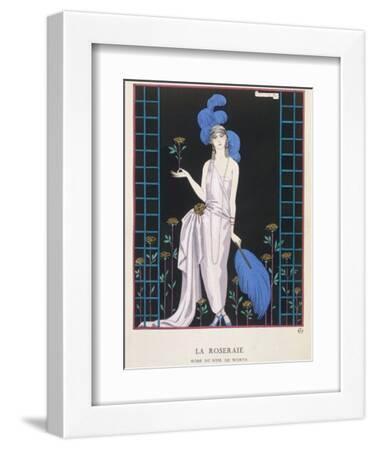 Asymmetrical Evening Gown by Worth with a Low Diagonal Waistline and a Long Flowing Train - White Framed Art Print Wall Art, 9x12