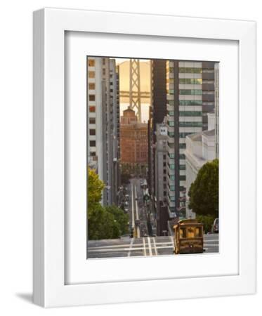 Cable Car Crossing California Street With Bay Bridge Backdrop in San Francisco, California, USA - White Framed Art Print Wall Art, 9x12 Cable Car Crossing California Street With Bay Bridge Backdrop in San Francisco, California, USA - White Framed Art Print Wall Art, 9x12