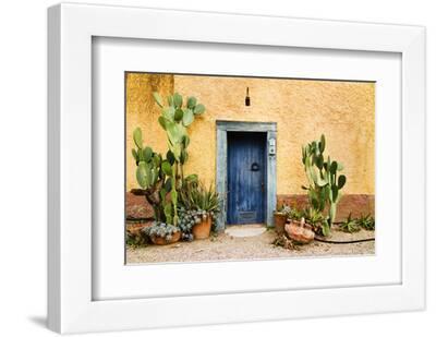 Old Doorway Surrounded by Cactus Plants and Stucco Wall. - White Framed Art Print Wall Art, 12x8 Old Doorway Surrounded by Cactus Plants and Stucco Wall. - White Framed Art Print Wall Art, 12x8