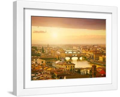 Sunset View of Bridge Ponte Vecchio. Florence, Italy - White Framed Art Print Wall Art, 16x12
